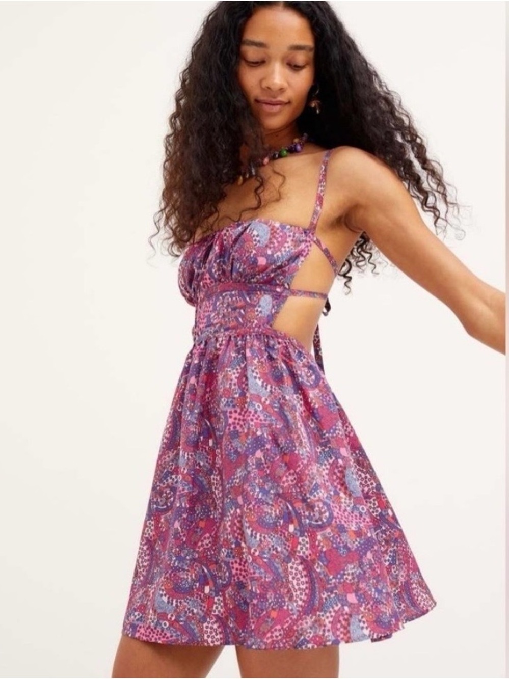 For Love & Lemons Womens Tonya Floral Mini Dress Sz XS Purple Strappy Open Back